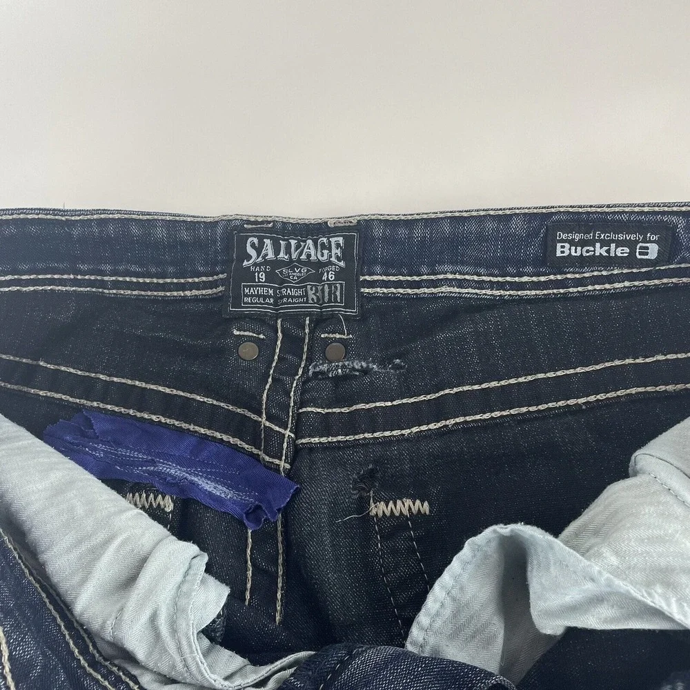 Distressed Salvage Buckle Men's Mayhem Straight Stretch Blue Jeans Size 31R x 28